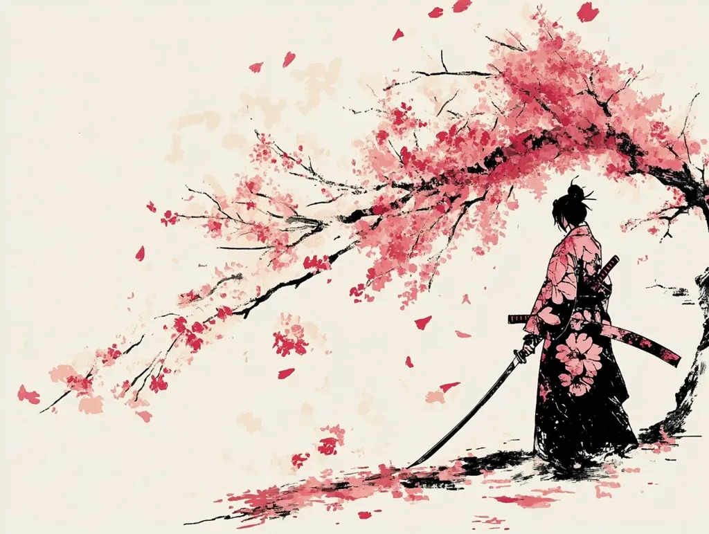 The artwork depicts a lone samurai, adorned in a patterned kimono and carrying two swords, standing beneath a blossoming cherry tree.  Pink cherry blossoms fall gently around them, creating a serene yet poignant atmosphere. The style is reminiscent of traditional Japanese ink painting, with loose brushstrokes and a focus on negative space.  The overall impression is one of contemplation, perhaps marking a moment of reflection or transition. The pale background enhances the vibrancy of the pink blossoms and the figure's dark silhouette.
