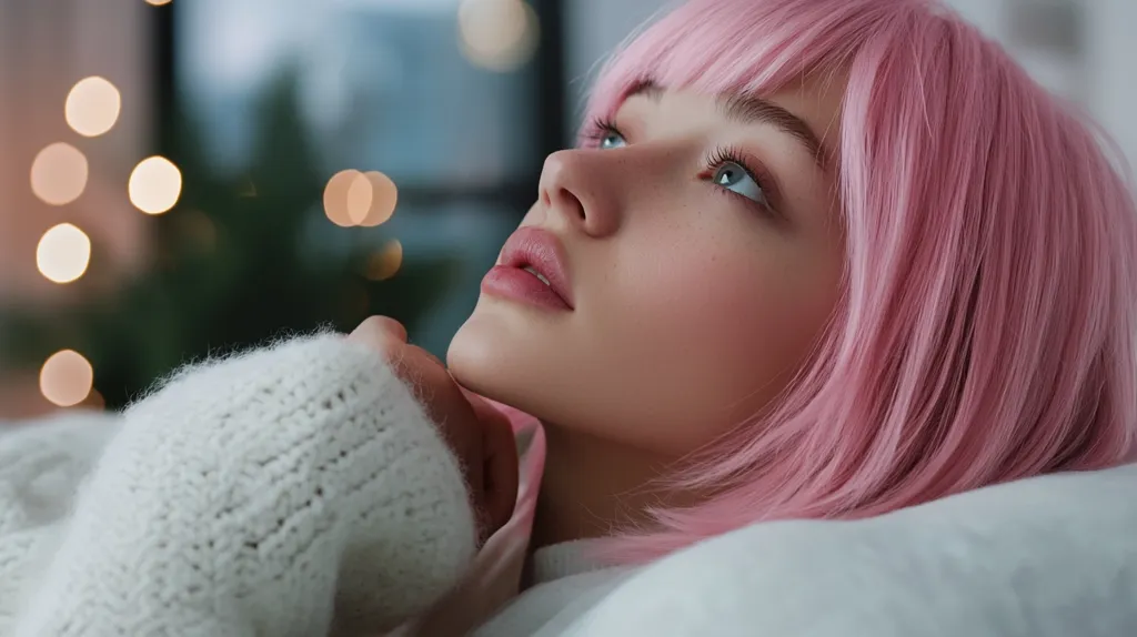 Here's a description of the image:

Close-up view of a young woman with vibrant pink, shoulder-length hair.  She's lying down, her head resting on a white pillow or surface, gazing upward pensively.  She's wearing a soft, light-grey knitted sweater. The background is softly blurred, showing warm, out-of-focus lights that suggest a cozy, possibly festive, indoor setting. Her expression is serene and contemplative. The overall mood is peaceful and dreamy.