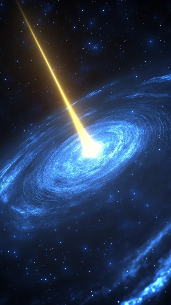 The image depicts a mesmerizing cosmic scene. A vibrant, golden beam of light pierces the darkness, converging onto a swirling, blue nebula. The nebula's spiral arms create a vortex-like effect, drawing the eye towards the light's intense core.  Distant stars twinkle across the deep blue canvas, adding to the scene's ethereal and awe-inspiring beauty. The contrast between the warm light and the cool blue hues is striking, hinting at powerful celestial forces at play.