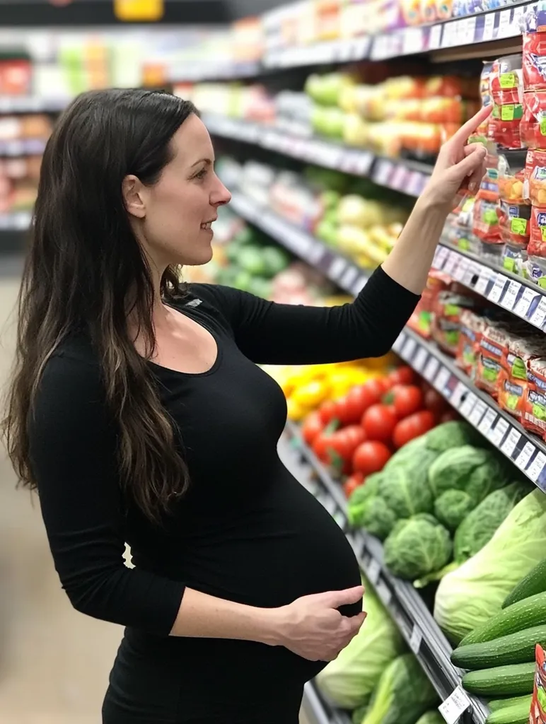 A pregnant woman with long brown hair, wearing a black maternity top, shops in a grocery store. She reaches for a shelf stocked with packaged goods, her hand gently resting on her baby bump.  The store's shelves are filled with various produce, including tomatoes, cabbages, and cucumbers, indicating a focus on fresh, healthy food choices. The overall scene is one of peaceful grocery shopping during pregnancy.