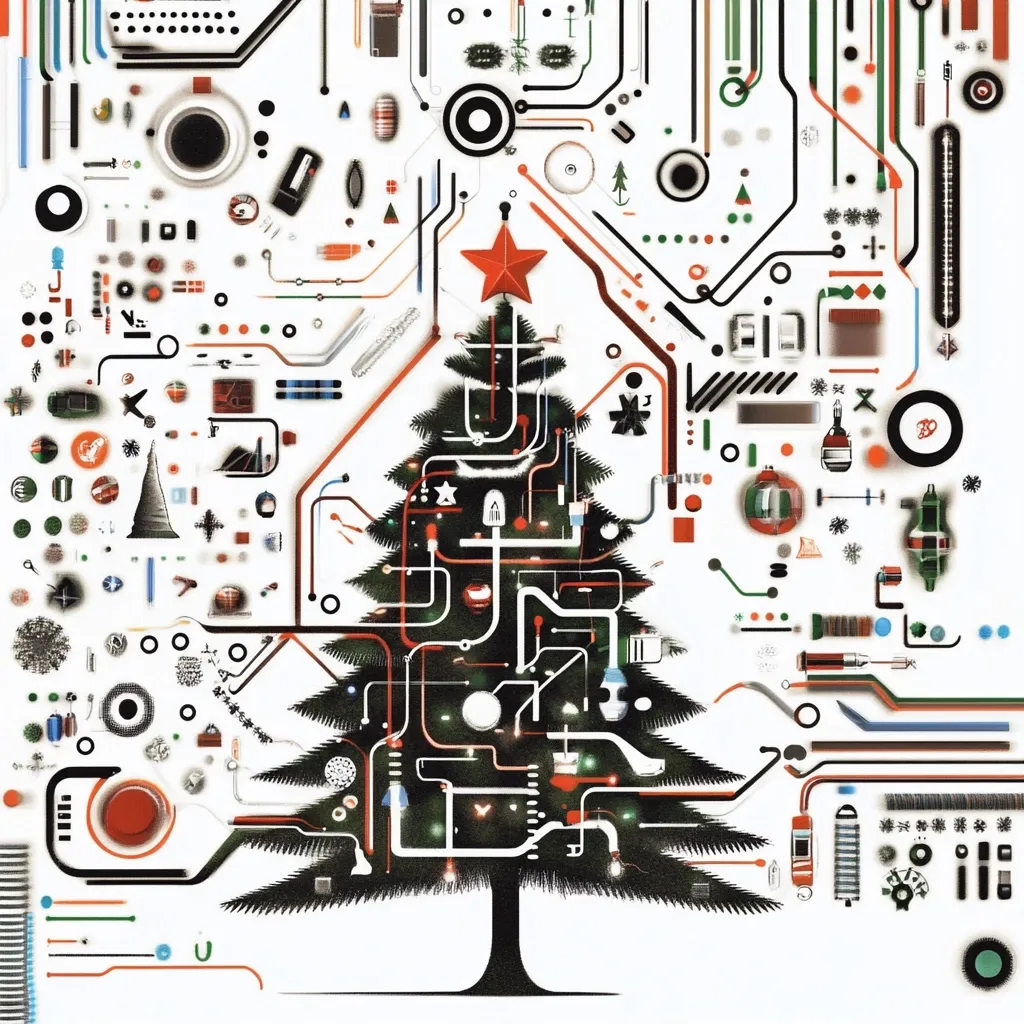 This illustration depicts a stylized Christmas tree formed from a complex circuit board design.  The tree's branches and trunk are composed of interconnected wires and electronic components, while various small, colorful objects and symbols are scattered around the circuit board, suggesting a blend of technology and holiday cheer. A red star tops the tree, and small lights adorn its branches.  The overall effect is a modern, abstract representation of a festive theme.