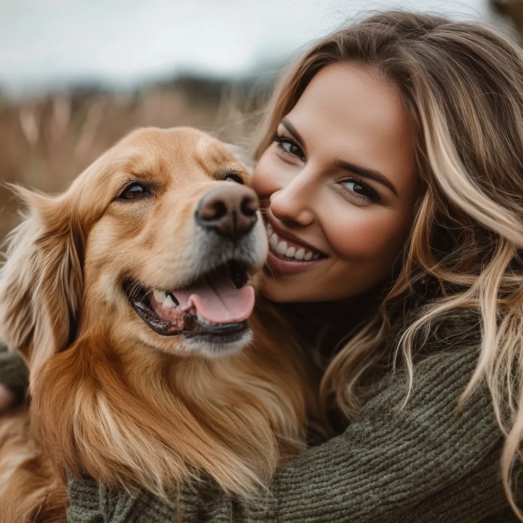 Here's a description of the image:

Close-up view of a young woman with long, light brown hair embracing a golden retriever dog. The woman is smiling broadly, her eyes crinkling at the corners, and her face is close to the dog's. The dog's mouth is open in a happy expression, its tongue slightly visible. Both appear relaxed and content. The woman is wearing a dark olive-green knit sweater. The background is blurred but suggests an outdoor setting, possibly a field with tall grass. The overall mood is warm, loving, and joyful.