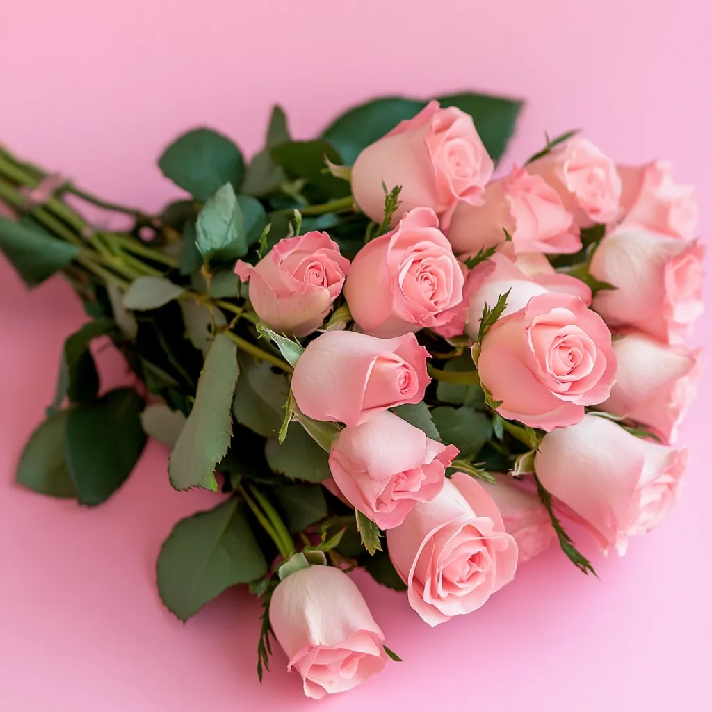Here's a description of the image:

A lush bouquet of pale pink roses rests on a matching pink background.  Approximately twelve to fifteen roses, in various stages of bloom, are bundled together, their stems and green leaves visible.  The roses are softly lit, highlighting their delicate petals and gentle color. The overall impression is one of romance, femininity, and springtime freshness. The simple background emphasizes the beauty of the flowers.