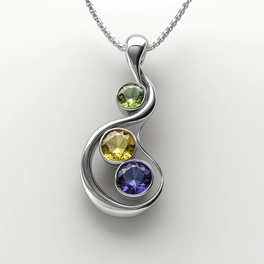 Here is a description of the image:

The image shows a close-up of an elegant pendant necklace. The pendant features a sleek, silver design with a flowing, abstract form. Three round gemstones—a light green, yellow, and purple—are set within the silver curves, adding a pop of color.  The pendant hangs from a delicate silver chain. The background is a plain white, which provides a stark contrast to the silver and colorful stones, making the jewelry the clear focal point. The overall style is modern and minimalist.