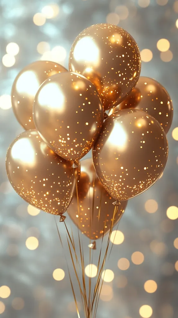 A cluster of metallic gold balloons, speckled with tiny light points, floats against a bokeh background of soft, out-of-focus lights. The balloons are tied together with gold ribbons, creating a celebratory and elegant scene.  The overall effect is luxurious and festive, suggesting a special occasion. The light reflects beautifully off the balloons' glossy surface.