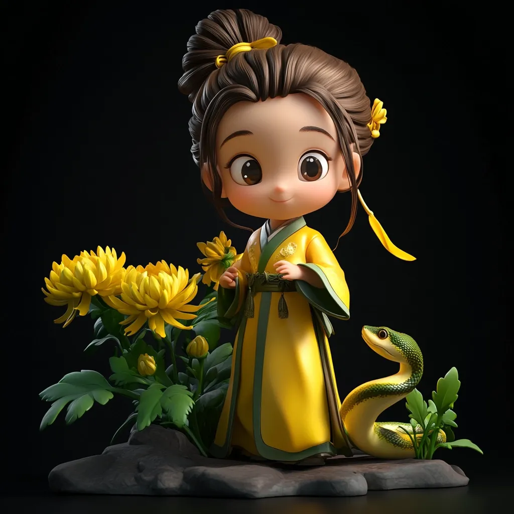 Here's a description of the image:

The image showcases a charming 3D-rendered figurine of a young girl, styled in traditional East Asian attire.  She's dressed in a vibrant yellow robe, her dark hair neatly pulled back into a bun adorned with a gold accent.  Her large, expressive eyes and gentle smile contribute to a sweet and innocent appearance. The girl is positioned near a cluster of yellow chrysanthemum flowers and a small, green snake, adding elements of nature to the scene. The dark background highlights the figurine and enhances its overall visual appeal. The style is reminiscent of kawaii aesthetics.
