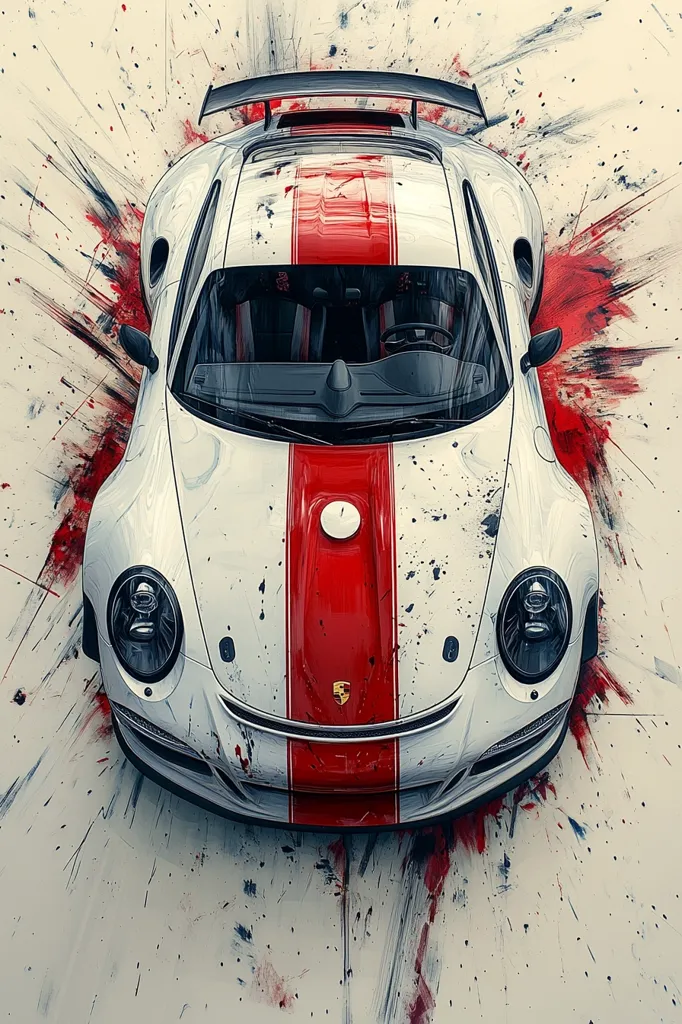 Here's a description of the image:

The image is a stylized depiction of a white Porsche 911 GT3 RS, featuring a prominent red racing stripe down its center. The car is viewed from a directly overhead perspective, positioned against a backdrop of expressive, splattered paint strokes in red and white, suggesting speed and motion.  The paint splatters appear almost abstract, contrasting with the sharp detail of the car itself.  The Porsche's design is clean and sleek, with visible headlights and a rear spoiler.  The overall effect is a dynamic and artistic representation of a high-performance sports car.