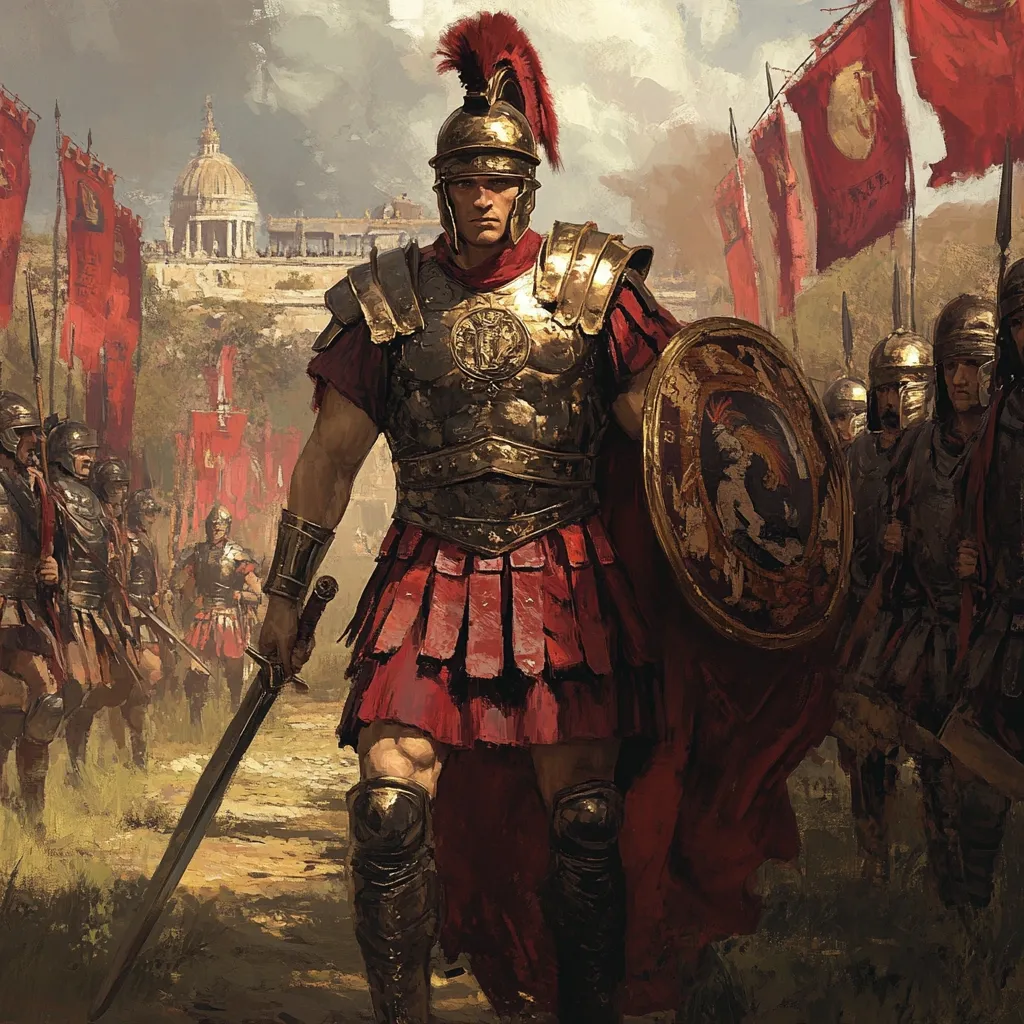 A Roman centurion, clad in gleaming gold armor and a crimson pleated skirt, strides confidently forward.  His helmet, adorned with a red plume, and his expression convey authority. He carries a sword and a large, ornate shield, leading a company of legionaries marching behind him.  Red flags bearing Roman symbols flutter in the background, and the distant cityscape suggests a triumphant return or impending battle.  The overall mood is one of military power and Roman grandeur.