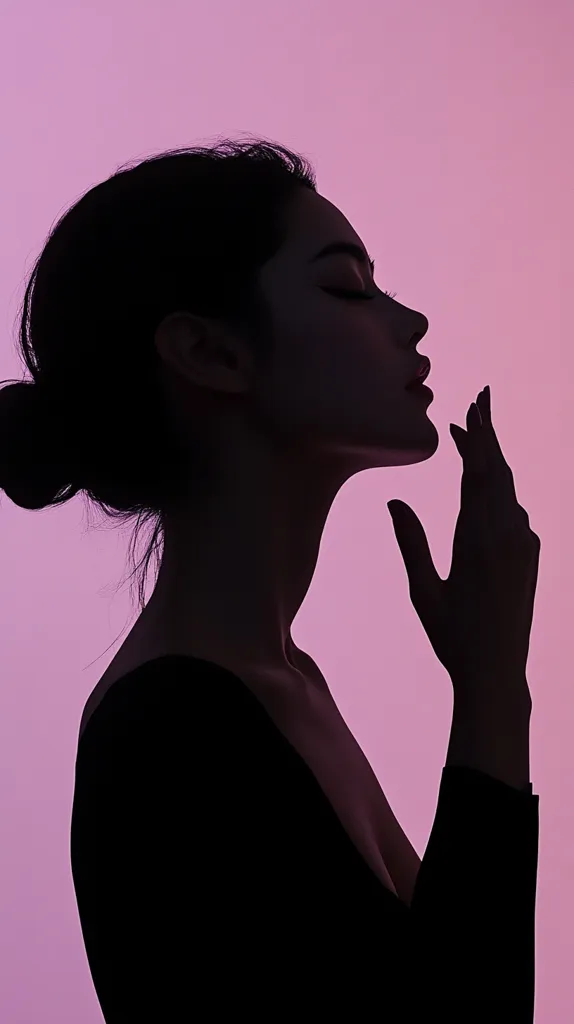 Here's a description of the image:

The image is a dramatic silhouette of a woman against a soft pink background.  Her hair is pulled back in a low bun, and her eyes are closed, suggesting serenity or contemplation. One hand gently touches her face, while the other rests near her side.  She wears a dark, simple garment. The overall mood is peaceful, elegant, and slightly mysterious due to the stark contrast between her dark form and the pale backdrop.  The lighting enhances her profile and the subtle curves of her body.