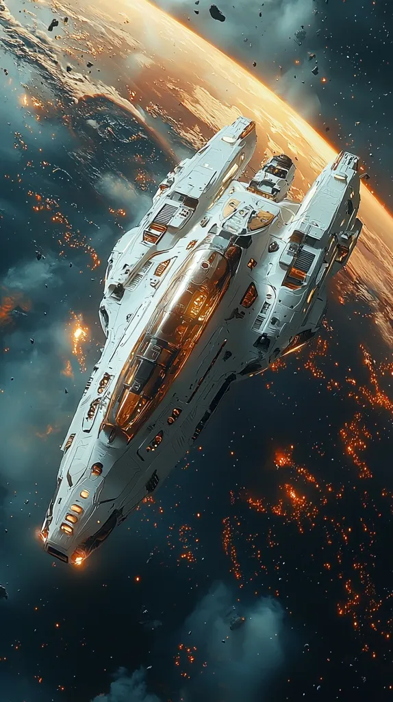 A sleek, white spaceship with gold accents dominates the image, positioned against a backdrop of a vibrant orange and blue planet.  The vessel appears to be in space, surrounded by debris and glowing embers, suggesting a recent battle or intense activity.  The planet's curvature is visible, providing a sense of scale and depth to the scene. The overall aesthetic is futuristic and dynamic, evoking a feeling of space exploration and adventure.