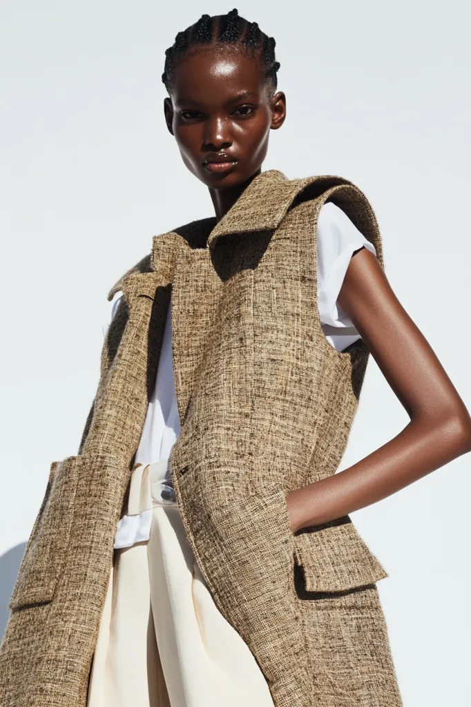 Here's a description of the image:

Close-up view of a dark-skinned model with cornrows, wearing a long, sleeveless, textured brown vest over a simple white t-shirt and light beige, pleated trousers. The vest has a collar, large patch pockets, and a slightly oversized, structured fit.  The model's hand is casually in a pocket. The background is a plain, bright white, focusing attention on the model and her attire. The overall style is minimalist and chic.