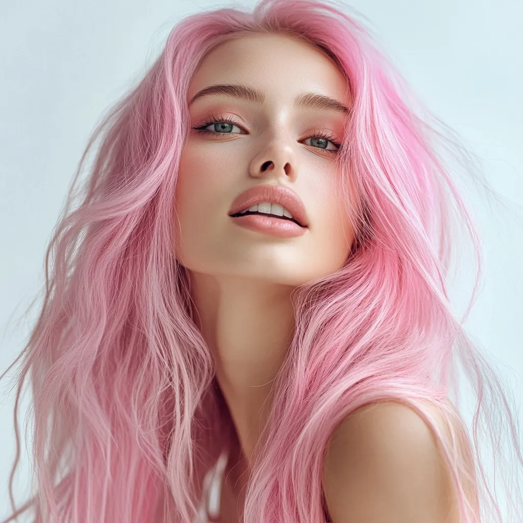 Close-up of a young woman with long, flowing, pastel pink hair. Her makeup is soft and natural, complementing her fair skin and light eyes.  The hair has a slightly wavy texture, cascading down her shoulders and framing her face. The overall impression is one of beauty, softness, and a dreamy aesthetic. The background is a muted, light color, drawing focus to the subject.