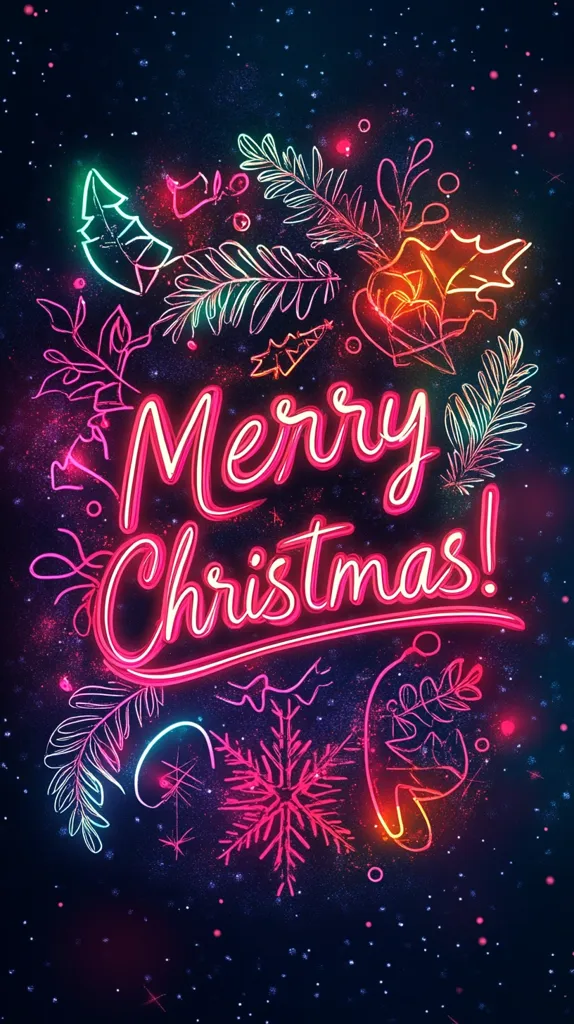A vibrant Christmas greeting card features neon-style lettering, "Merry Christmas!",  in a bold pink hue.  Surrounding the text are glowing, hand-drawn illustrations of stylized flora including leaves, branches, and a snowflake, all in varying shades of pink, teal, and orange. The background is a dark, starry night, enhancing the festive and magical ambiance. The overall aesthetic is modern, colorful, and eye-catching.