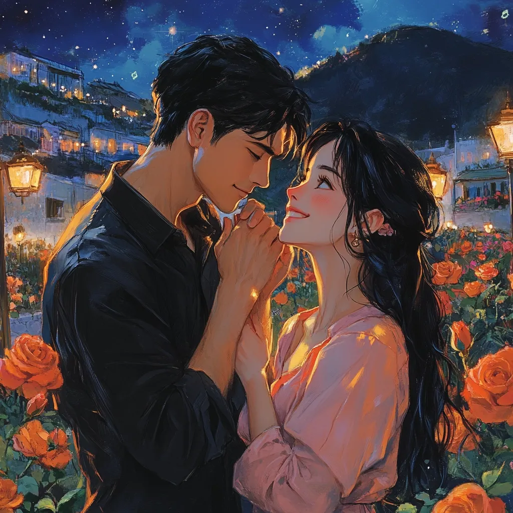 The artwork depicts a romantic scene of a young couple embracing under a starry night sky.  They stand amidst a vibrant rose garden, their hands clasped together. The man, with dark hair and a dark shirt, leans in towards the woman.  She wears a peach-colored dress, and her expression is one of joy and affection.  The background features a picturesque village nestled into a hillside, lit by warm lamplight, creating a dreamy, idyllic atmosphere. The overall style is painterly and evocative, emphasizing the tenderness of the moment.