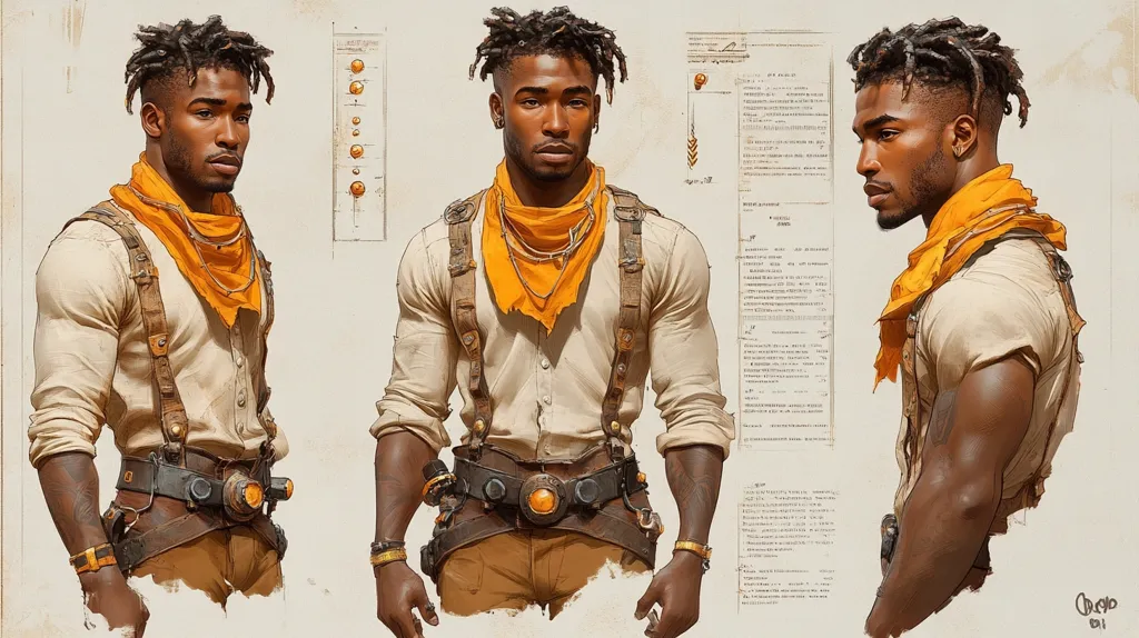 The image is a character design sketch showcasing a muscular Black man with dreadlocks.  He's depicted in three-quarter views and profile, wearing a tan, long-sleeved shirt, brown suspenders, and an orange neckerchief.  His attire includes a brown belt with a large circular buckle and what appears to be a utility belt.  The background includes design notes and color swatches, suggesting the artwork is concept art for a game or film. The style is realistic with a painterly quality.