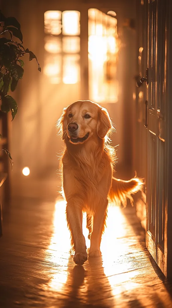 A golden retriever dog walks down a sunlit hallway in an old house.  The warm, golden light streams through a doorway behind it, illuminating the dog's fur and the polished wooden floor. The dog's expression is calm and serene, its tail gently waving. The overall atmosphere is peaceful and inviting, with a nostalgic, vintage feel.  A houseplant is partially visible in the background.