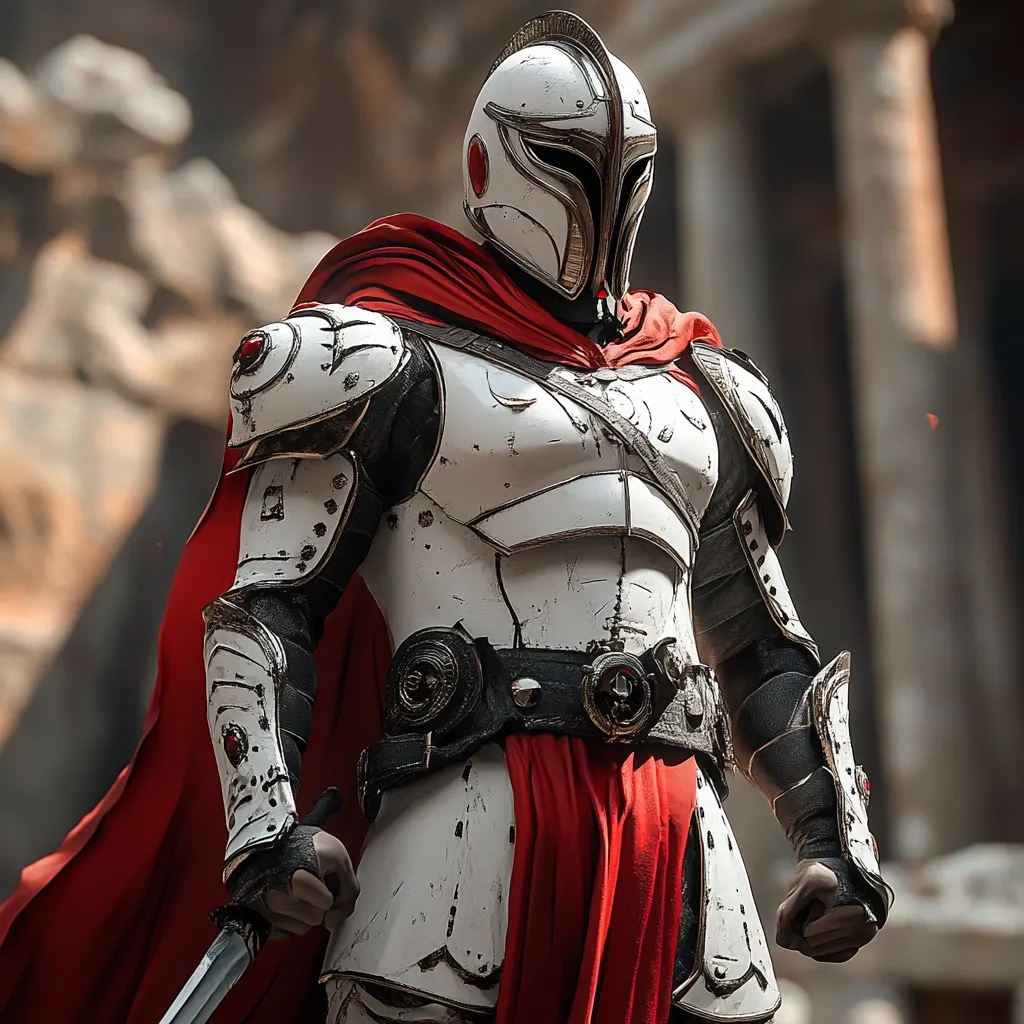 A powerful figure, clad in weathered white and black armor, stands amidst the ruins of an ancient civilization.  The intricately designed suit includes a gleaming helmet with a red accent, and a flowing crimson cape adds a dramatic flair.  The warrior grips a sword, his stance conveying strength and readiness. The background suggests a scene of post-battle devastation or forgotten glory, emphasizing the warrior’s imposing presence. The overall style blends fantasy and realism, creating a striking image.