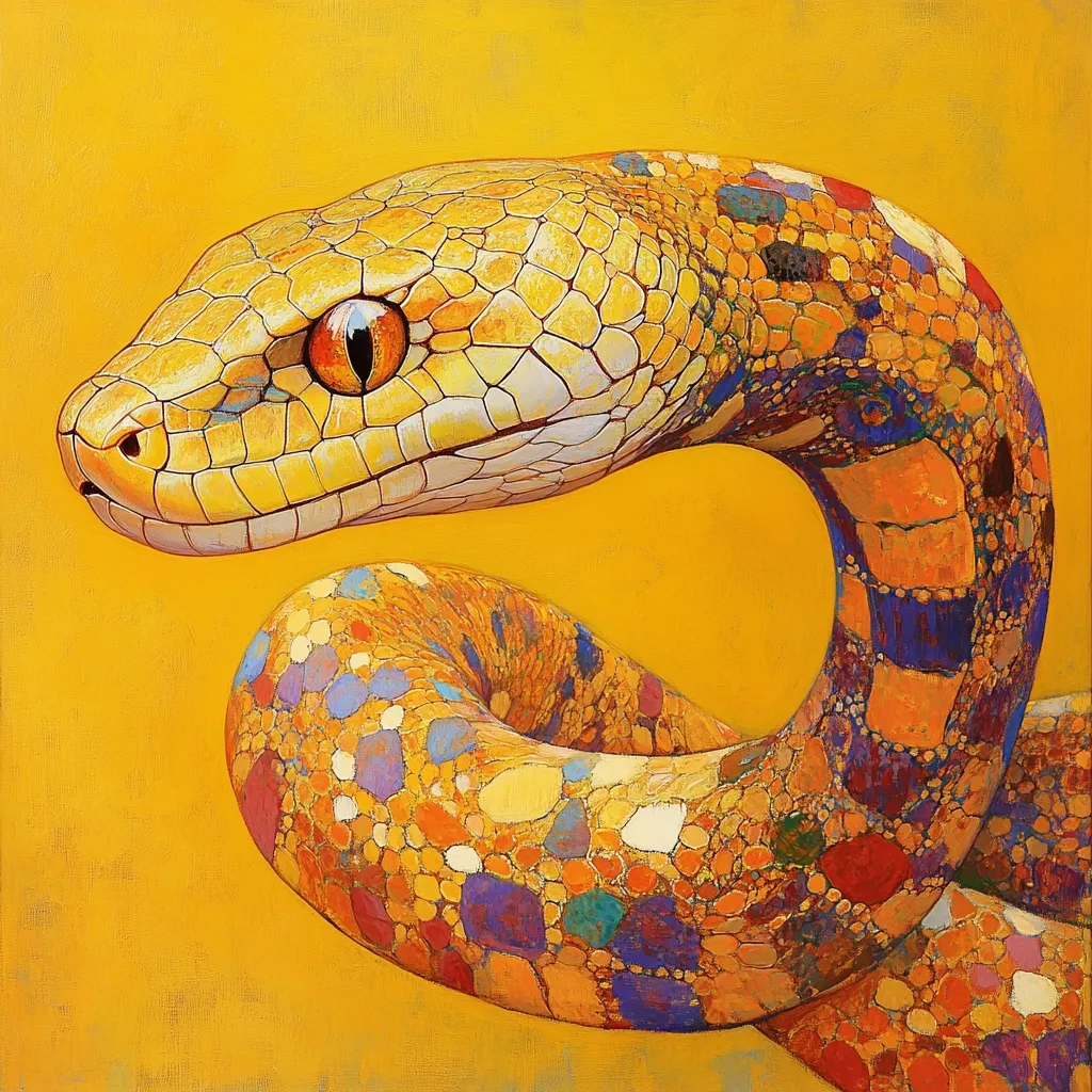 Here's a description of the image:

The painting showcases a vibrant, stylized snake against a bright yellow background. The snake's scales are depicted with a multitude of colors, including yellows, oranges, reds, purples, and blues, creating a mosaic-like texture.  The artist's technique gives the scales a three-dimensional quality. The snake's head is prominent, with a striking orange eye, and its body coils gracefully, creating a dynamic composition. The overall impression is one of bold color and artistic expression.