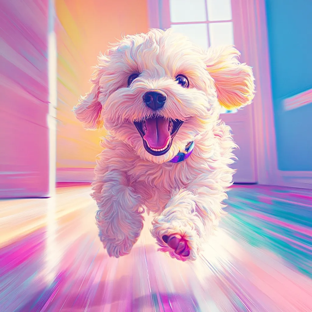 A fluffy white puppy, possibly a Bichon Frise or similar breed, is depicted running joyfully across a brightly colored floor.  The image is stylized with vibrant, almost iridescent, pink, purple, and teal streaks suggesting motion blur. The puppy's expression is one of pure delight, its mouth open in a happy bark or yelp.  The background is a soft, out-of-focus pastel interior scene with a door and wall visible. The overall effect is cheerful and whimsical.