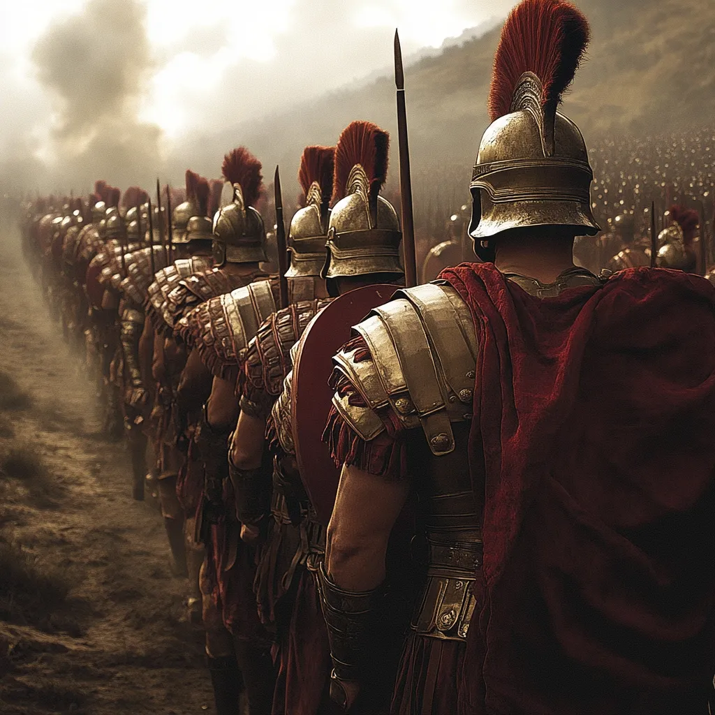 Here's a description of the image:

The image depicts a long line of Roman legionaries marching in formation, viewed from behind.  They are clad in gleaming metal armor, with distinctive red plumes adorning their helmets.  The soldiers carry shields and spears, their ranks extending into the hazy distance.  A dusty path winds beneath them, suggesting a journey or advance. The overall mood is one of military strength and solemn purpose, evoking a sense of ancient Roman power and discipline.  The background is a muted landscape with hints of smoke or dust in the air.