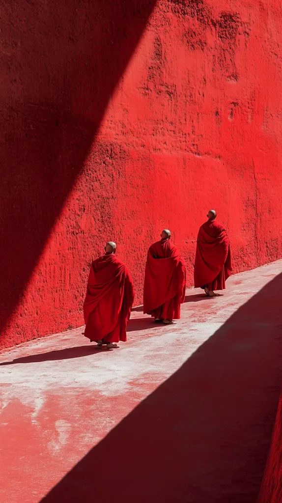 Three Buddhist monks, clad in vibrant crimson robes, walk away from the camera along a path beside a tall, bright red wall.  The wall is textured and unevenly colored, casting a dramatic diagonal shadow across the path.  The monks' figures are silhouetted against the bold red backdrop, creating a striking image of serenity and color.  The overall scene is minimalist and evocative.