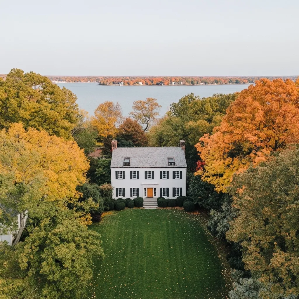 Here's a description of the image:

An aerial shot captures a pristine white colonial-style house nestled amidst a vibrant autumn landscape.  The house, featuring symmetrical windows and a classic design, sits on a manicured lawn.  Surrounding it, trees boast a kaleidoscope of fall colors—russet, gold, and burnt orange—contrasting beautifully against the white structure.  In the distance, a calm body of water stretches to the horizon, lined with more trees exhibiting the same autumnal hues.  The overall scene is peaceful and idyllic, showcasing the beauty of the season.