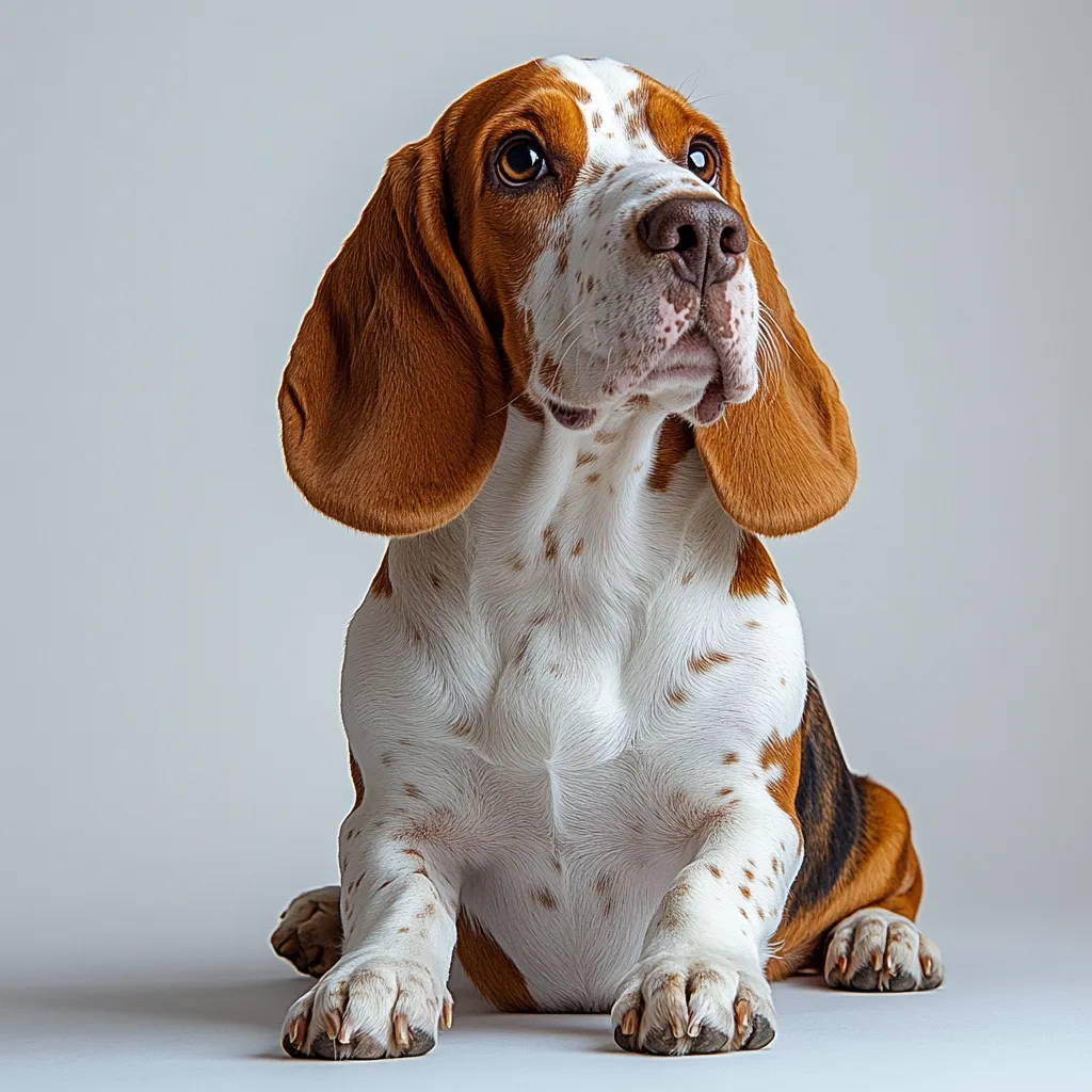 Here's a description of the image:

The photograph showcases a basset hound, sitting and gazing slightly upward. Its coat is predominantly white, adorned with patches of reddish-brown, particularly on its ears and along its back. The dog's large, expressive eyes are captivating, and its posture suggests alertness and attentiveness. The background is a simple, light grey, ensuring the dog remains the focal point of the image. The overall impression is one of calm elegance and canine charm.