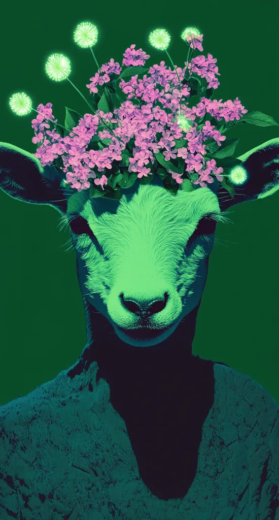 Here's a description of the image:

The image is a stylized portrait of a lamb's head and upper body, rendered in shades of teal and green against a solid green background.  A crown of vibrant pink flowers, interspersed with glowing dandelion-like seed heads, adorns the lamb's head. The lamb's face is centrally focused, its features softly rendered, giving it an almost ethereal quality.  The body below is textured, suggesting a rough, almost stone-like surface. The overall effect is surreal and dreamlike, blending organic forms with a digital aesthetic.