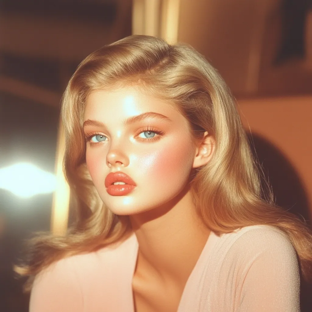 Here's a description of the image:

Close-up portrait of a young woman with long, wavy blonde hair styled in a retro fashion.  She's wearing a light pink, soft-textured robe. Her makeup is subtly glamorous, featuring a peachy blush, coral lipstick, and light eye shadow that accentuates her blue eyes.  The warm lighting creates a sun-kissed glow on her skin, giving the image a vintage, ethereal feel.  The background is blurred, drawing focus to the woman's radiant face and softly styled hair.
