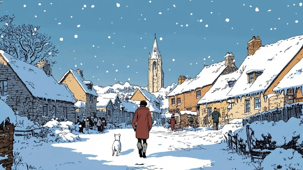A charming snow-covered village scene unfolds under a light snowfall.  A man, accompanied by a small white dog, walks away from the viewer down a quiet street.  Traditional stone houses with snow-laden roofs line the path, leading towards a tall church spire in the distance.  A few figures are visible in the background, adding to the peaceful, idyllic ambiance of the winter day.  The style is reminiscent of a hand-drawn illustration or comic book panel, with crisp lines and vibrant colors.