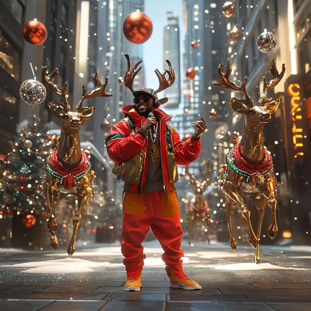 A man in a vibrant red and orange outfit, adorned with a reindeer antler headband, stands in a snowy city street.  He holds a microphone, seemingly mid-song.  Two large, golden reindeer statues flank him, decorated with festive garlands.  Christmas trees and ornaments add to the holiday atmosphere, creating a surreal and festive urban scene.  Snow lightly falls, enhancing the magical ambiance.