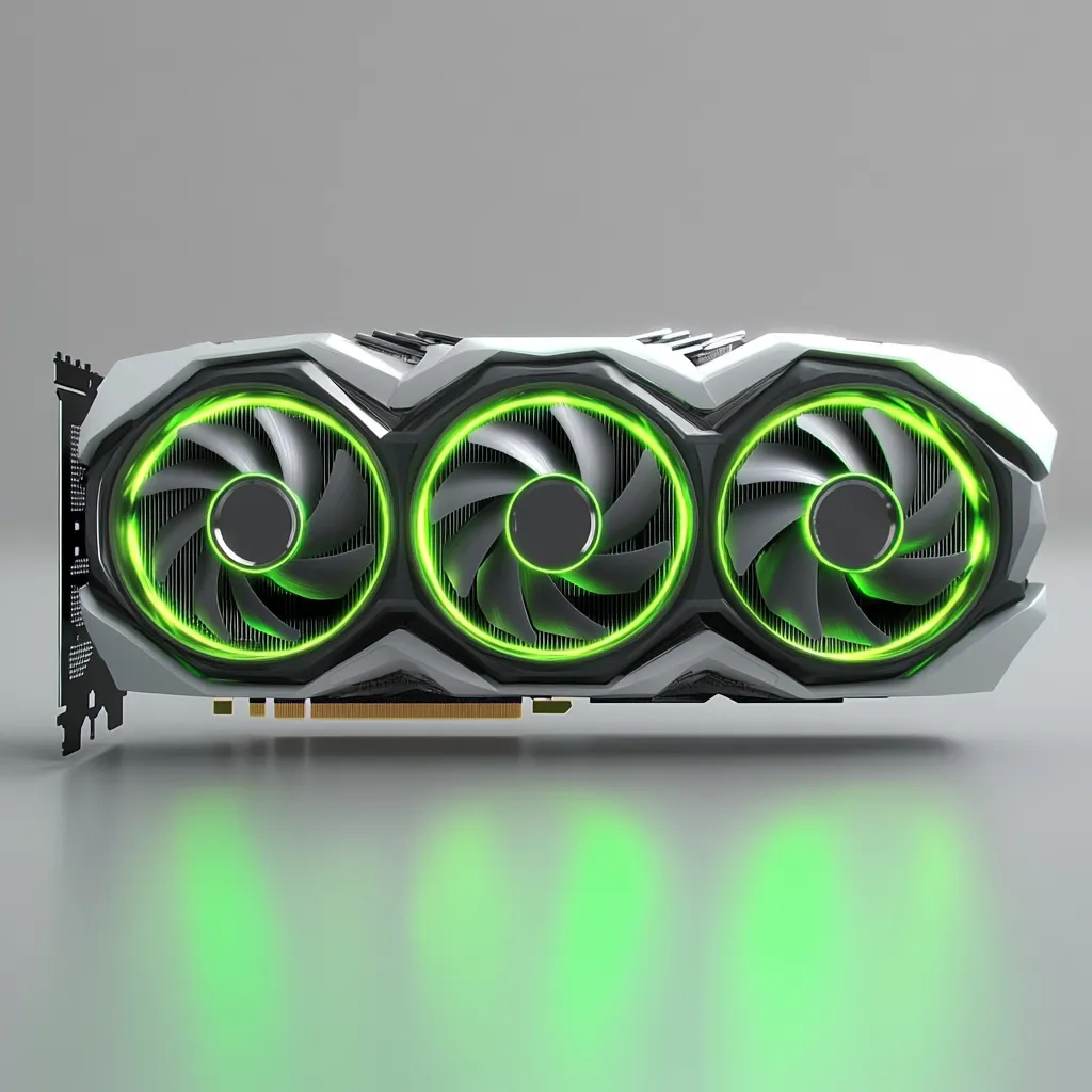 Here's a description of the image:

The image showcases a high-performance graphics card, predominantly white with sharp, angular design elements. Three large, black fans are prominently featured, each encircled by a vibrant green LED light ring.  The card's backplate is visible, and the gold-colored connectors are partially seen. The graphics card is positioned on a reflective surface, creating a mirrored reflection of the green LED lights below.  The overall aesthetic is sleek, modern, and technologically advanced.
