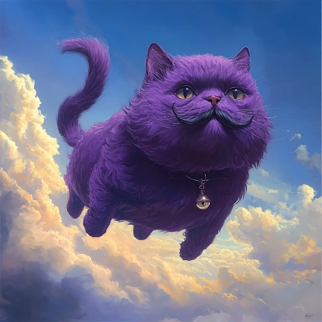 A whimsical digital painting depicts a large, fluffy purple cat floating amidst clouds.  The cat possesses a distinguished handlebar mustache and wears a small, golden bell collar. Its expression is serene and slightly amused. The vibrant purple fur contrasts beautifully with the soft pastel hues of the sky and clouds, creating a fantastical and dreamlike scene. The cat's relaxed posture and the overall composition convey a sense of lightness and joy.