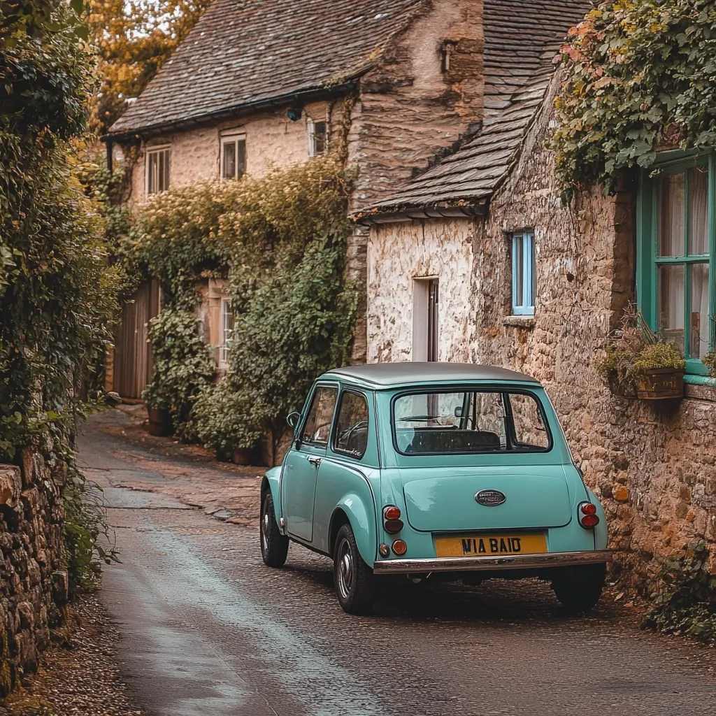 A charming, pale teal vintage car, license plate reading "MIA BAID," is parked on a narrow, stone-walled lane.  The car sits before quaint, ivy-covered cottages, their aged stone walls displaying a rustic charm.  Autumnal hues and lush greenery frame the scene, creating a picturesque, idyllic English village setting.  The overall mood is peaceful and nostalgic.