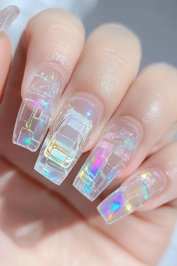Here's a description of the image:

Close-up view of a hand showcasing long, clear, iridescent press-on nails.  The nails are decorated with a holographic effect, creating a mosaic-like pattern, with small images of cars subtly visible within the design. The overall aesthetic is modern, minimalist, and dreamy due to the translucent nature of the nails and pastel iridescence.  The hand is softly lit, highlighting the glossy finish and subtle details of the nail art.