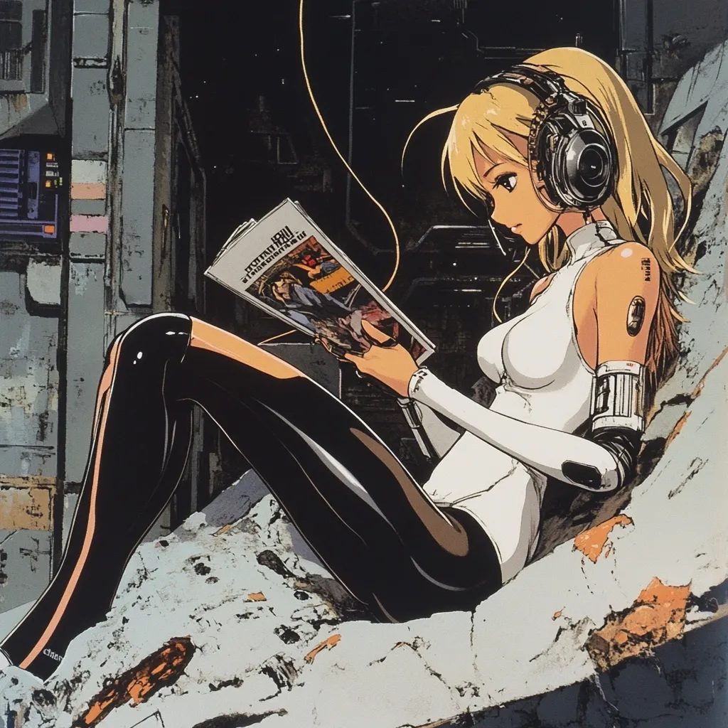 Here's a description of the image:

The illustration showcases a stylized anime female character, blonde-haired with headphones, comfortably reclined on a weathered, grey, metallic surface that suggests a dilapidated industrial setting. She's clad in a white, form-fitting top and shiny black leggings, and her left arm displays technological enhancements. The character is engrossed in reading a comic book, showcasing a detailed cover. The overall aesthetic blends elements of cyberpunk and anime, with a focus on a cool, melancholic mood created through the color palette and background textures.