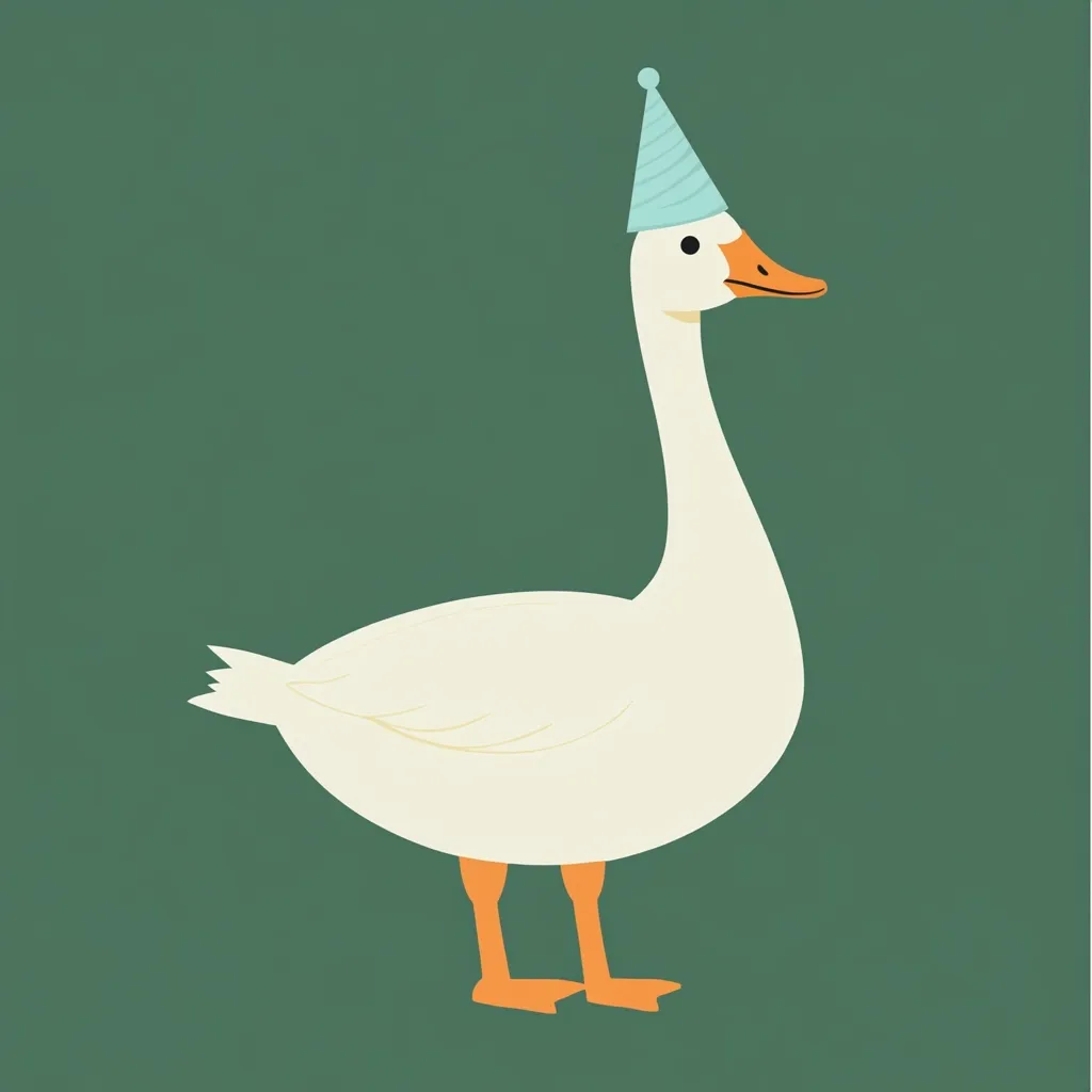 Here's a description of the image:

The illustration showcases a white goose, positioned centrally against a deep teal-green backdrop. The goose is depicted in a simplified, almost cartoonish style, with smooth lines and flat coloring.  It's wearing a small, light blue party hat, adding a festive touch. The goose's orange legs and beak provide a vibrant contrast against its white plumage. The overall style is clean and minimalist, suitable for a children's book or greeting card.