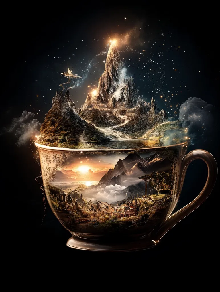 A surreal digital art piece depicts a large teacup containing a miniature, fantastical world.  A majestic mountain range, glowing with ethereal light, dominates the top half, while a valley scene with a village and a setting sun fills the bottom.  A small aircraft flies above the mountains against a backdrop of stars.  The contrast between the ordinary teacup and the extraordinary landscape inside creates a dreamlike, magical atmosphere. The image is dark and richly detailed, with warm and cool tones blending beautifully.