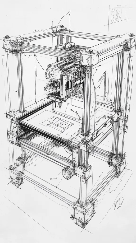 This detailed sketch depicts a 3D printer, meticulously rendered in black and white.  The drawing showcases the printer's internal structure, emphasizing its frame's rectangular design and the intricate mechanics of the print head.  Lines suggest depth and movement, with visible bolts and joints.  The build platform is centrally located, and the overall style is precise and technical, reminiscent of engineering blueprints or design schematics.