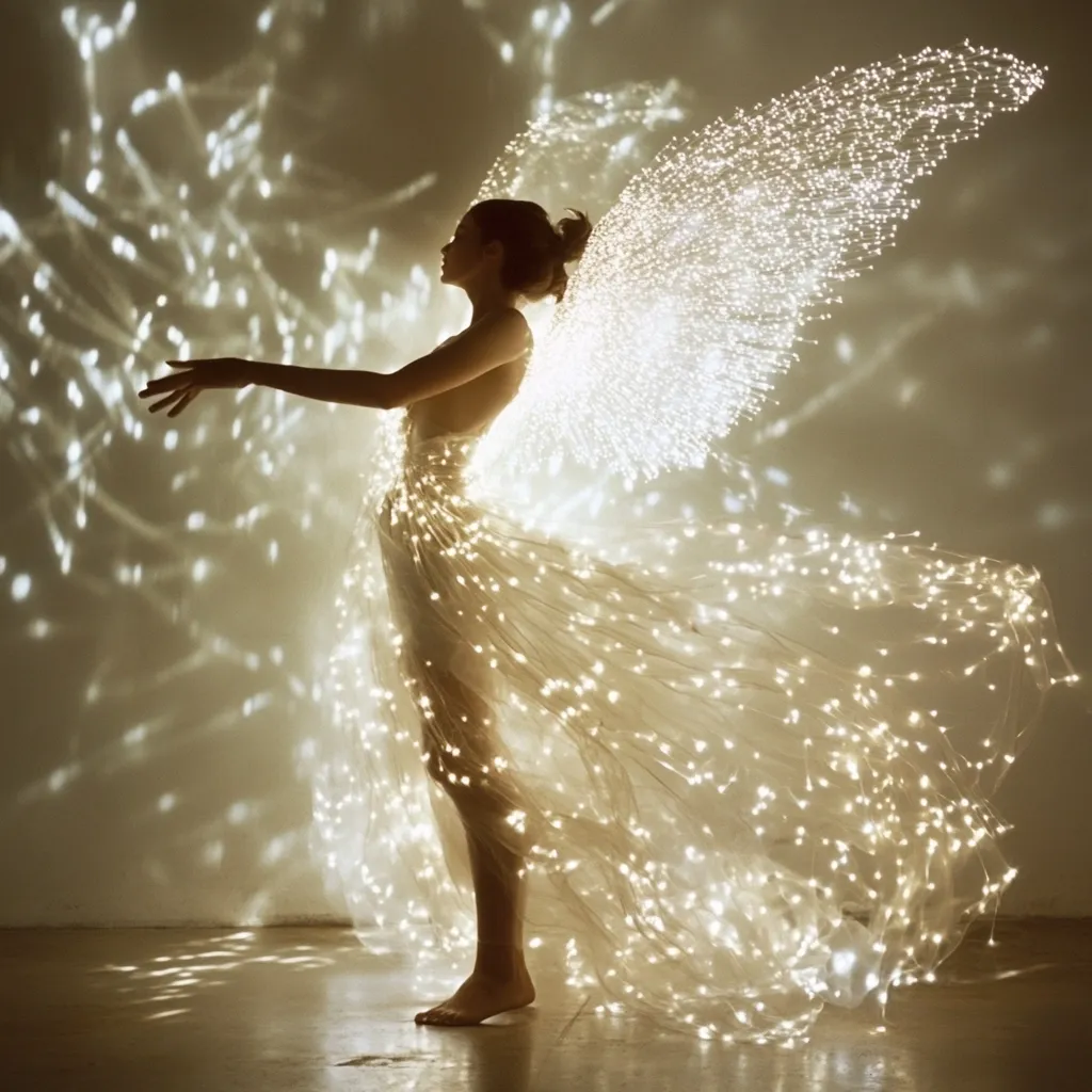 A woman, silhouetted against a luminous background, wears a flowing, ethereal gown adorned with countless tiny lights.  Large, luminous wings of similar construction extend from her back, creating an angelic effect. The overall impression is one of ethereal beauty and magical grace, the soft light enhancing the dreamlike quality of the image. The background features soft, diffused light creating a hazy, otherworldly atmosphere.