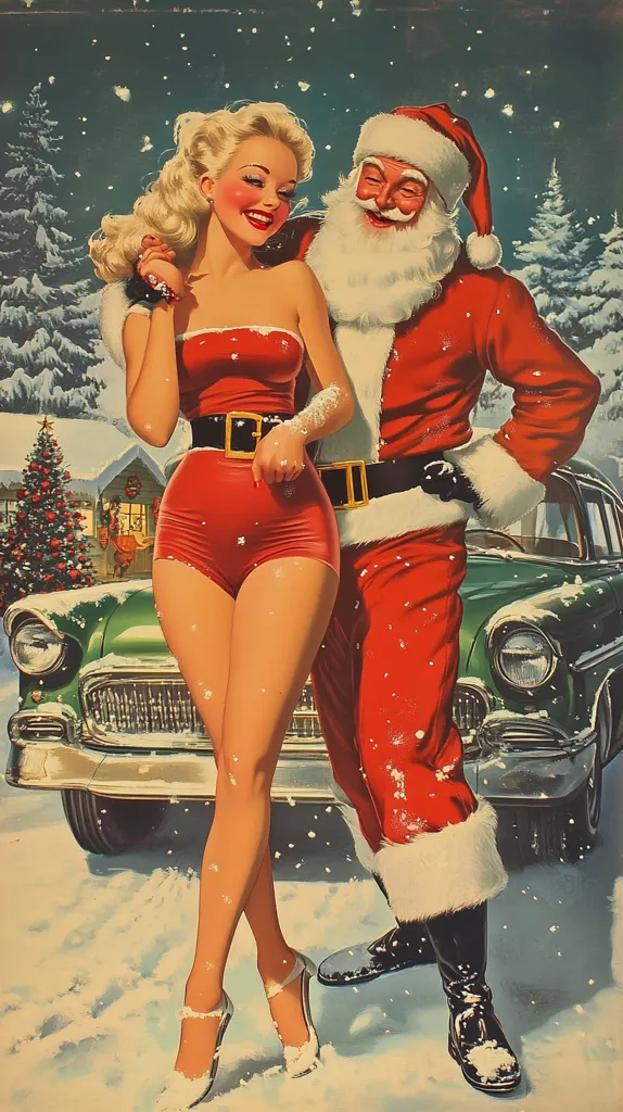 A vintage Christmas illustration depicts a pin-up girl in a red swimsuit alongside Santa Claus.  She's blonde and smiling, her arm affectionately draped around Santa's shoulder.  Santa, jovial and rosy-cheeked, stands beside her near a vintage green car parked in a snowy scene.  A Christmas tree and snow-covered house are visible in the background, creating a festive yet suggestive holiday atmosphere. The style is reminiscent of mid-20th-century American artwork.