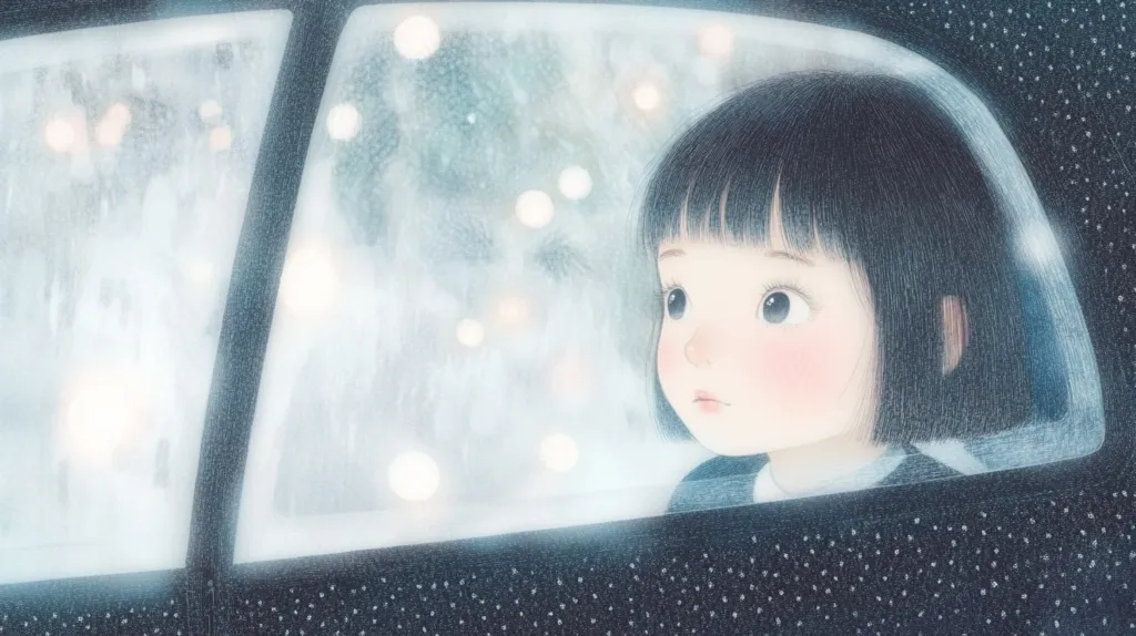 Here's a description of the image:

The illustration shows a young girl with dark bobbed hair, sitting in a car.  Her gaze is directed outwards, towards a blurry, snowy scene outside the window.  Soft, pastel colors dominate the image, creating a dreamy, melancholic atmosphere. The girl's expression is pensive, almost wistful.  Light spots, resembling snow or perhaps city lights, are visible through the frosty window, adding to the overall feeling of a cold, quiet night. The style is reminiscent of soft, detailed digital painting.