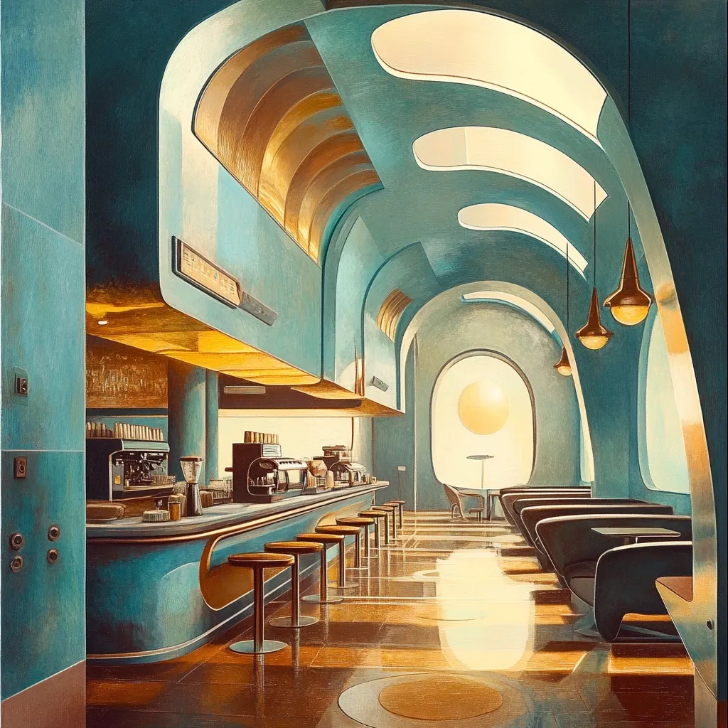 The image depicts a futuristic, retro-styled diner or coffee shop.  The interior features a long, curved bar with teal and gold accents, complemented by a series of rounded booths lining one wall.  Large arched windows and skylights illuminate the space, giving it a bright, airy feel despite the muted color palette.  The overall aesthetic is sleek and clean, suggesting a calm and sophisticated atmosphere.  A large, sun-like orb is visible through a window at the end of the room.