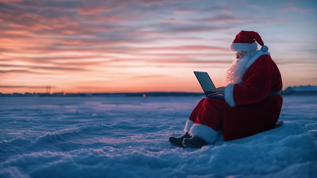 Santa Claus, dressed in his traditional red suit, sits in the snow at sunset.  He's engrossed in a laptop computer, likely checking his Christmas list or managing his global operations. The serene, snowy landscape provides a stark contrast to the modern technology in his hands. The sky displays a beautiful array of pastel colors as the sun dips below the horizon.  The scene is peaceful and slightly whimsical.