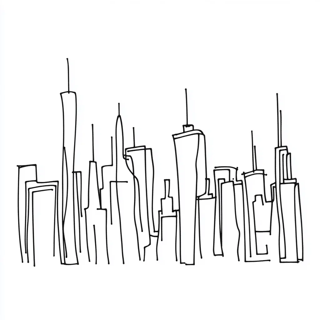 Here's a description of the image:

The image is a minimalist line drawing of a city skyline, likely New York City.  The style is simple and uses only black lines against a white background.  Individual buildings are represented by varying heights and shapes of interconnected lines, capturing their overall form without detail.  The One World Trade Center is clearly identifiable as the tallest structure on the left. The drawing conveys a sense of urban density and architectural variety in a stylized, abstract manner.