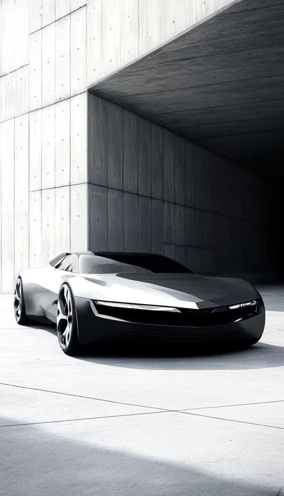 A sleek, futuristic sports car, predominantly black and silver, rests under a concrete overhang. The car's design is smooth with sharp lines, and its large wheels are prominent. The setting is minimalist, with a stark concrete backdrop that emphasizes the car's modern aesthetic. The monochrome palette enhances the sense of clean lines and sharp contrasts. The image conveys a feeling of elegance and technological advancement.