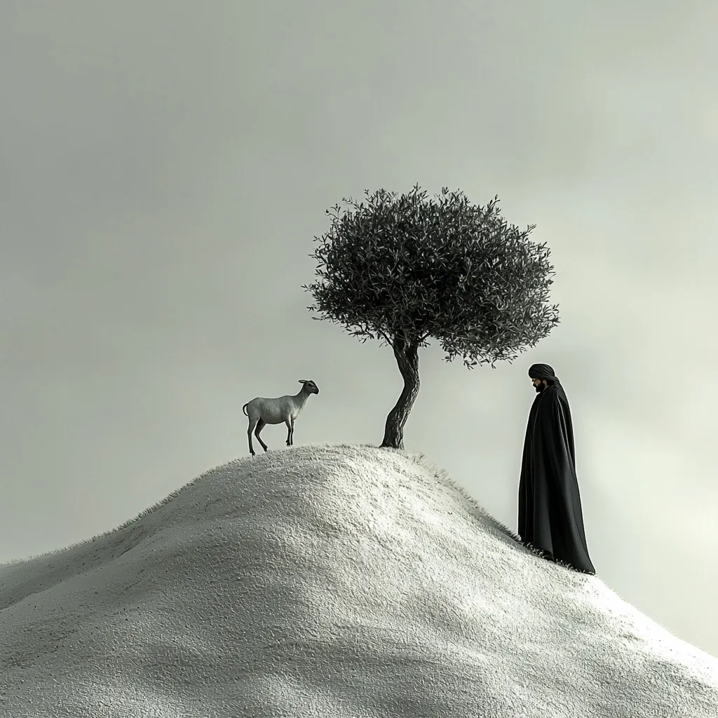 A monochromatic image depicts a solitary figure, cloaked in black, standing on a gently sloping hill.  A small lamb grazes peacefully on the hill's crest.  A lone olive tree casts a shadow, providing a stark contrast against the pale, textured landscape.  The scene evokes a sense of quiet contemplation and isolation, possibly suggesting themes of faith, sacrifice, or contemplation. The overall tone is serene yet slightly melancholic.