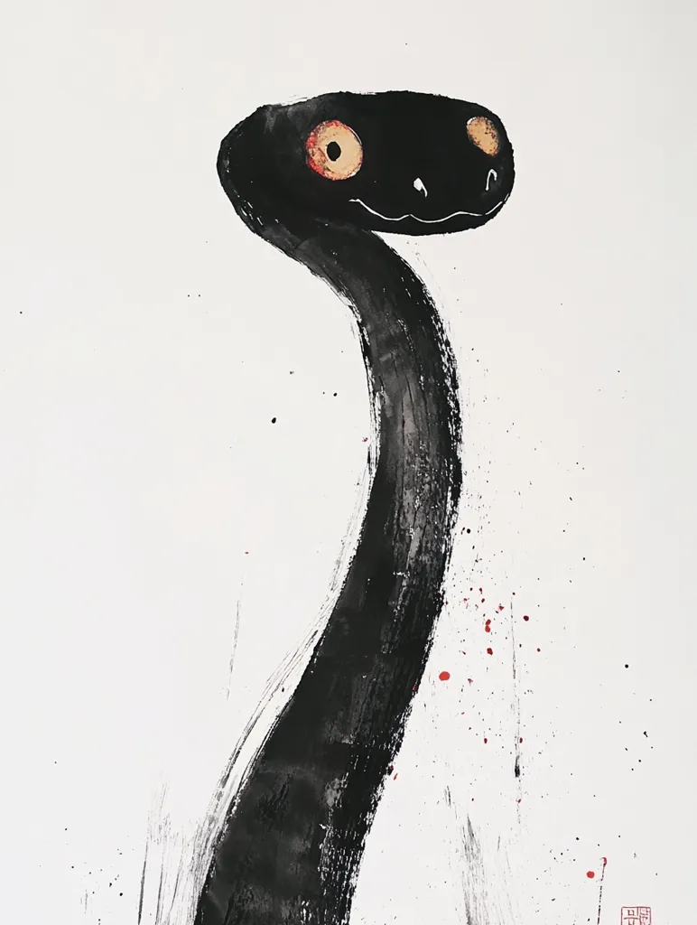 The artwork depicts a stylized black snake with large, orange eyes, set against a white background.  The snake's body is rendered with bold, expressive brushstrokes of black ink, creating a dynamic, almost fluid effect.  Sparse, red splatters punctuate the white space, adding a sense of movement and energy. The style suggests a blend of modern and traditional ink painting, with a hint of whimsical characterization in the snake's features.  The overall effect is striking and minimalist, yet full of personality.
