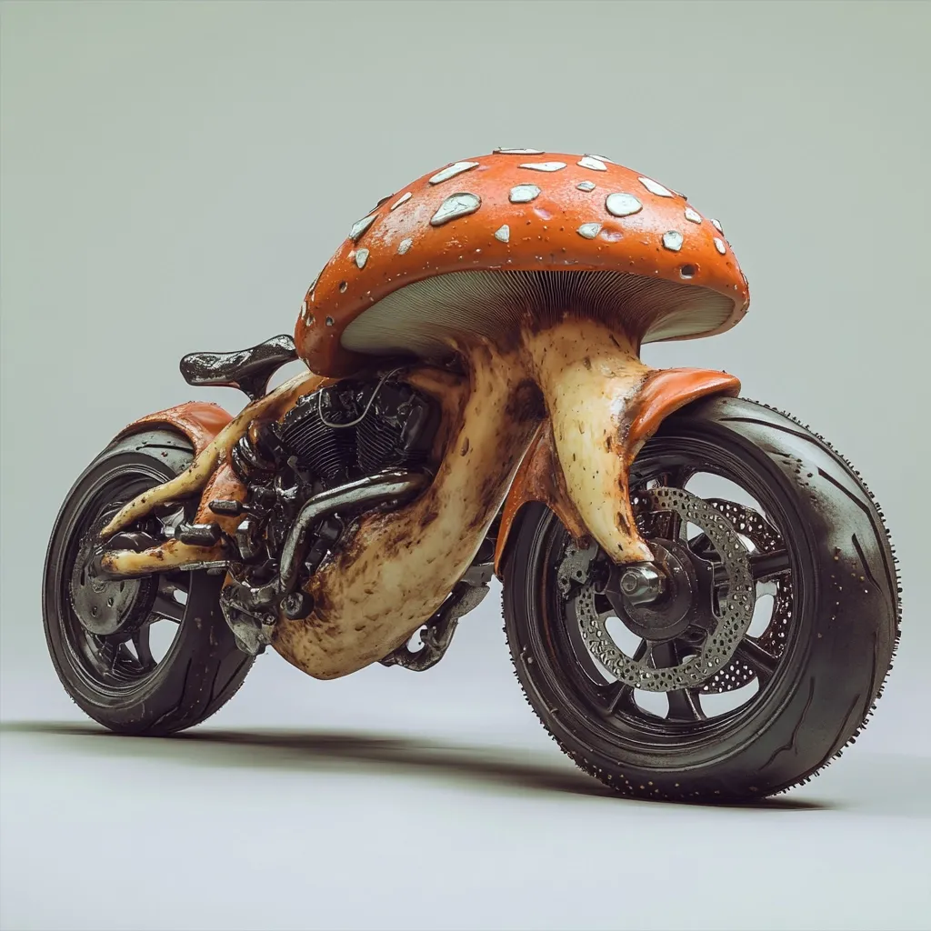 Here's a description of the image:

The image shows a fantastical motorcycle seemingly sculpted from a giant mushroom.  A vibrant red and white toadstool cap forms the seat and fairing, seamlessly blending into a textured, earthy-toned stem that constitutes the bike's body and frame.  The motorcycle has black, spoked wheels and visible mechanical details suggesting a powerful engine. The overall aesthetic is surreal and whimsical, blending organic and mechanical elements in a striking and original design.  The background is a simple, neutral gray, emphasizing the unusual vehicle.