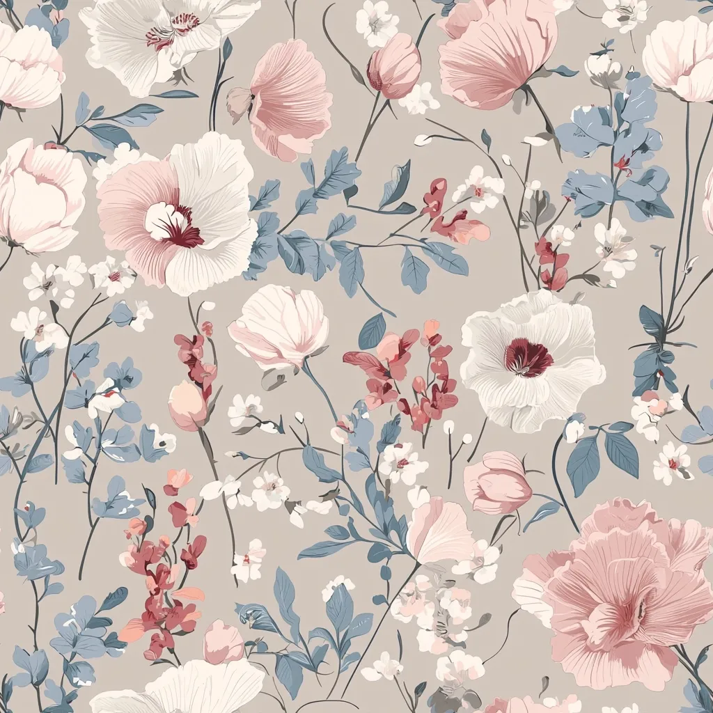 Here's a description of the image:

The image is a seamless floral pattern on a light beige background.  It features a profusion of flowers in soft pastel shades of pink, white, and blush, predominantly large poppies and smaller blossoms.  The flowers are interspersed with delicate, stylized foliage in muted blues and greens.  The overall style is romantic and vintage-inspired, suggestive of wallpaper or fabric design.  The flowers are densely arranged, creating a lush and textured appearance.